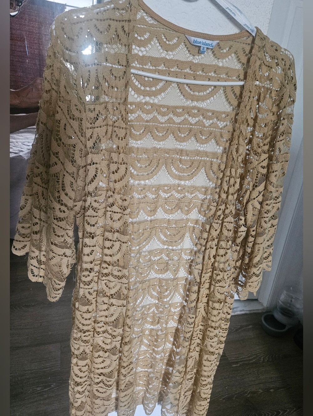 Blue Island Boho Mustard Yellow Lace Longline Open Front Kimono Cardigan - XL